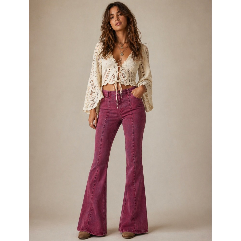 Rock & Roll Bargain Bell Pull On Flare Jeans 31x34 Burgundy Acid Wash High Rise
